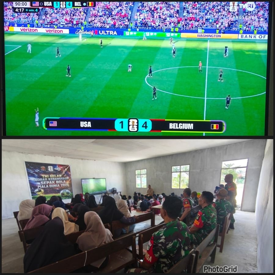 Amerika Takluk 1-4 dari Belgia, Babinsa Koramil 03/Bunut dan Warga Antusias Nobar Bersama