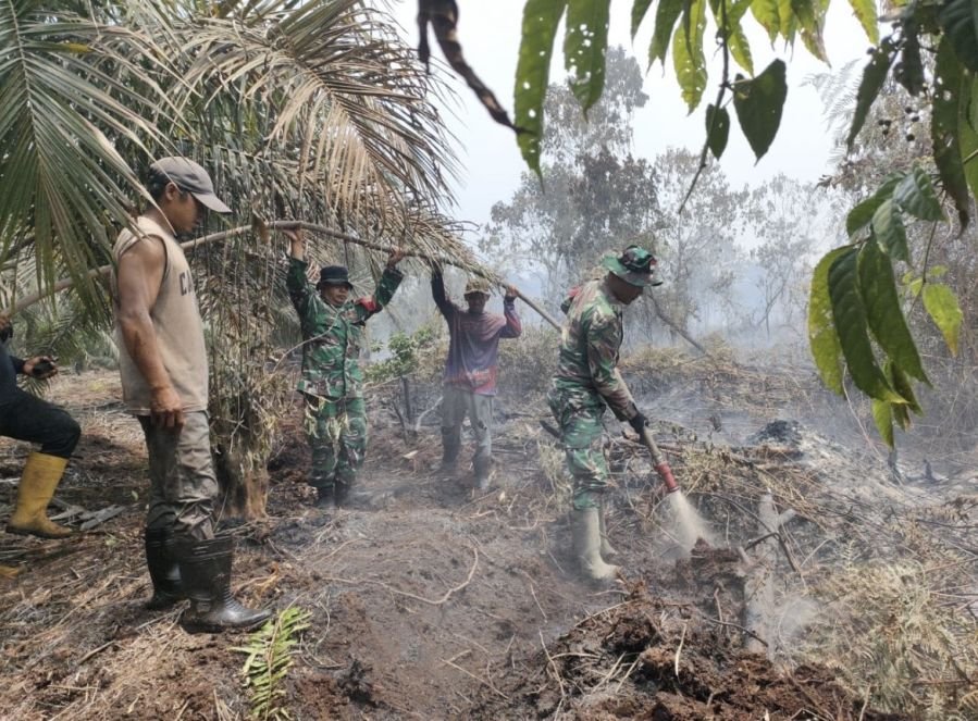 Babinsa 03/Tempuling Berjibaku Padamkan Karhutla 4 Hektare di Sungai Gantang