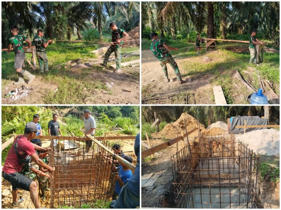Babinsa 09/Kemuning Bersama Warga Lanjutkan Pembuatan Papan Mal dan Perakitan Besi Angkur