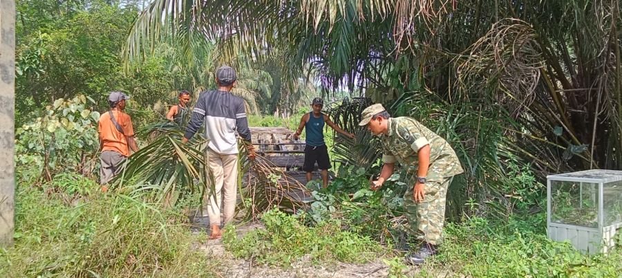 Babinsa 09/Kemuning dan Warga Bersihkan Lahan Awal Pembangunan Jembatan Gantung