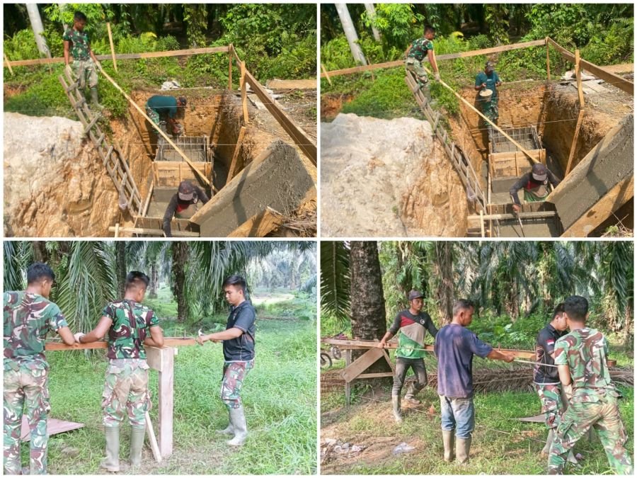Babinsa 09/Kemuning Lanjutkan Pengecoran Pondasi Jembatan Gantung dan Perakitan Besi Angkur