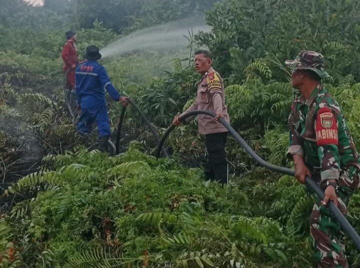 Babinsa Bersama Tim Gabungan Berjibaku Padamkan Karhutla di Rumbai