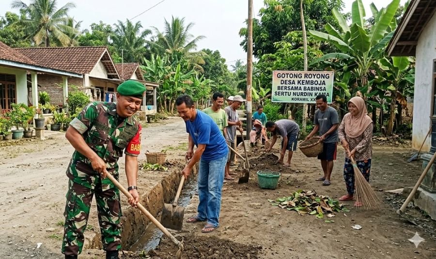 Babinsa dan Warga Kemboja Bangun Parit, Antisipasi Banjir