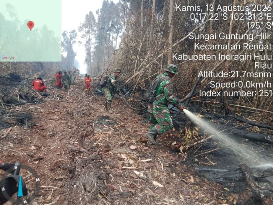 Babinsa Koramil 01/Rengat Kodim 0302/Inhu Berjibaku Padamkan Karhutla Di Desa Sungai Guntung Hilir