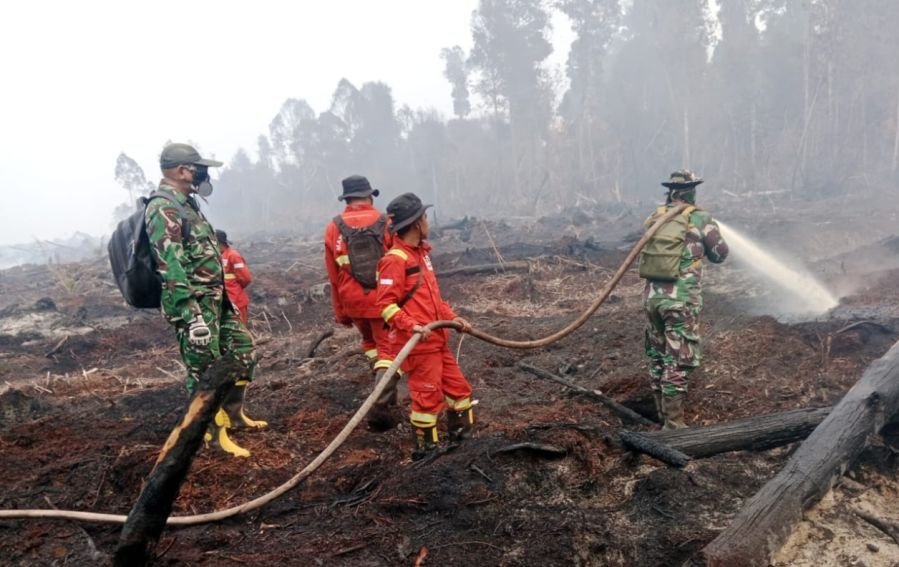 Babinsa Koramil 01/Rengat Laksanakan Pemadaman Kebakaran Lahan di Desa Sungai Guntung Hilir