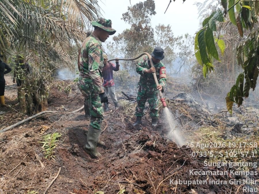 Babinsa Koramil 03/Tpl Dan Tim Gabungan Dinginkan 4 Hektare Pasca Karhutla di Sungai Gantang