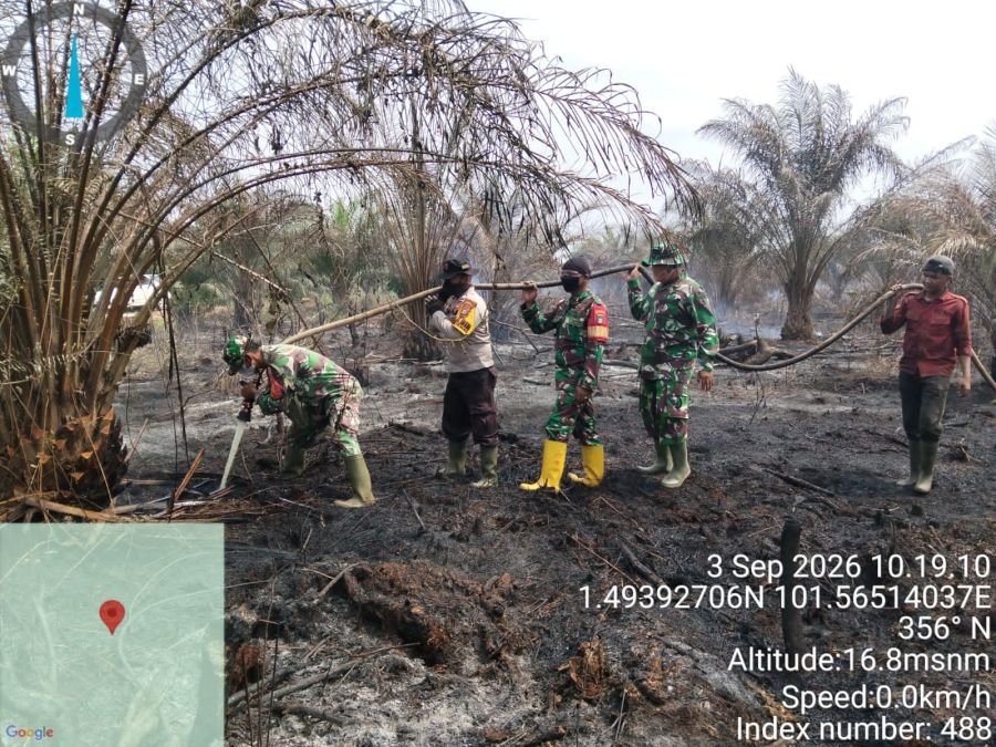Babinsa Koramil 05/Bukit Batu Berjibaku Padamkan Karhutla di Tanjung Leban