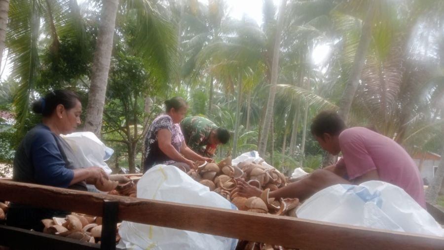 Babinsa koramil 06/serasan kopda Hafid Heriadi membantu warga memasukkan kopra yg sdh kering