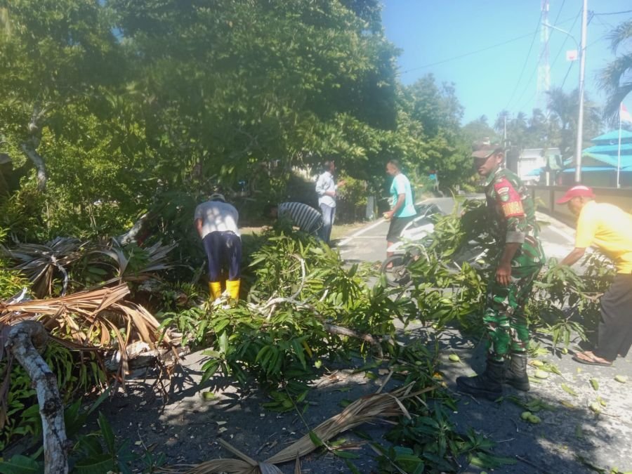 Babinsa koramil 06/serasan pratu jhon Asmadi sirait membantu warga membersihkan dahan pohon yg jatuh