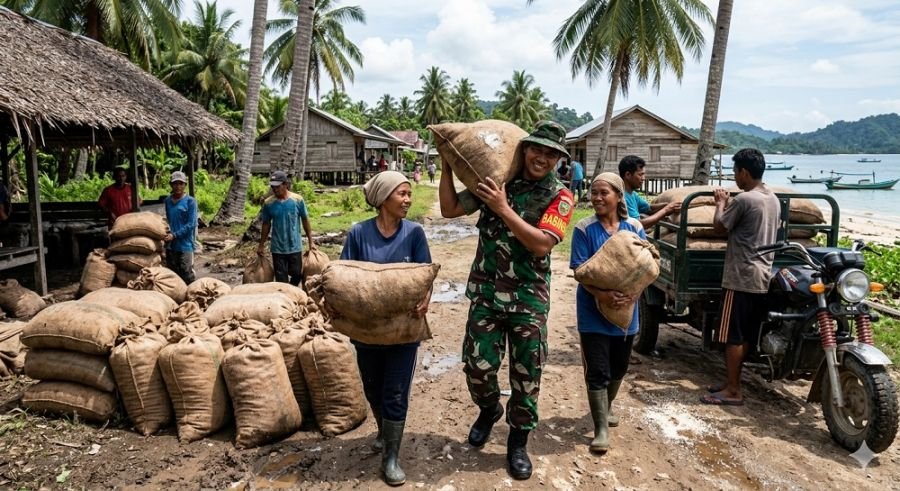 Babinsa Natuna Turun Tangan, Bantu Warga Angkut Sagu Pakan Ternak