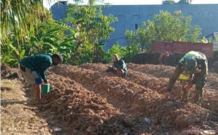Babinsa Ramil 07/KH Bantu Petani Olah Lahan Tanam Timun di Kuantan Hilir Seberang