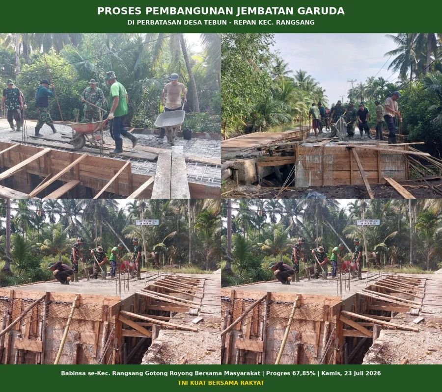 Babinsa se-Kecamatan Rangsang Gotong Royong Percepat Pembangunan Jembatan Garuda hingga capai 67,85%