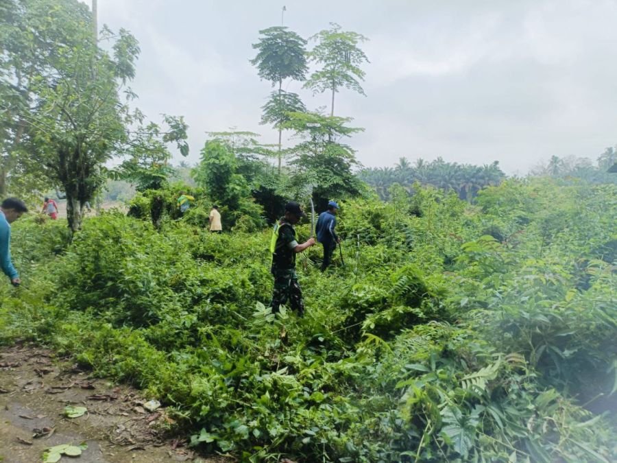 Babinsa Serda Jama Anur Ajak Warga Bersihkan Pinggir Jalan Desa Pulau Jambu