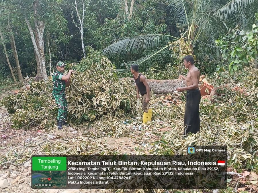 Babinsa Tembeling Tanjung Bersama Warga Kampung Bengku Gotong Royong Bersihkan Ranting Pohon.