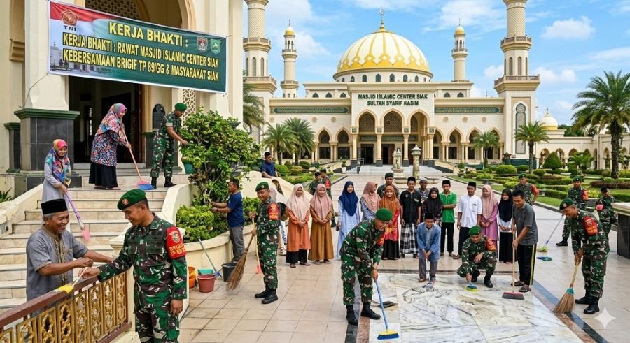 Brigif TP 89/GG Bersama Masyarakat Rawat Masjid Islamic Center Siak