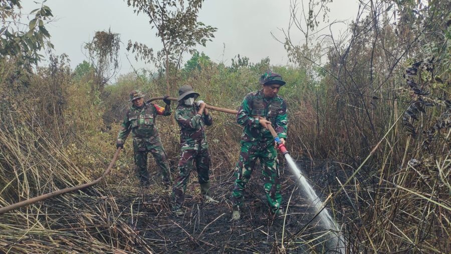 Cegah Api Kembali Membara, Koramil 03/Senapelan Lakukan Pendinginan Lahan Terbakar