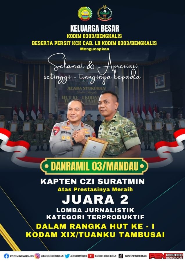 Dandim 0303/Bengkalis Apresiasi Prestasi Danramil 03/Mandau di Lomba Jurnalistik