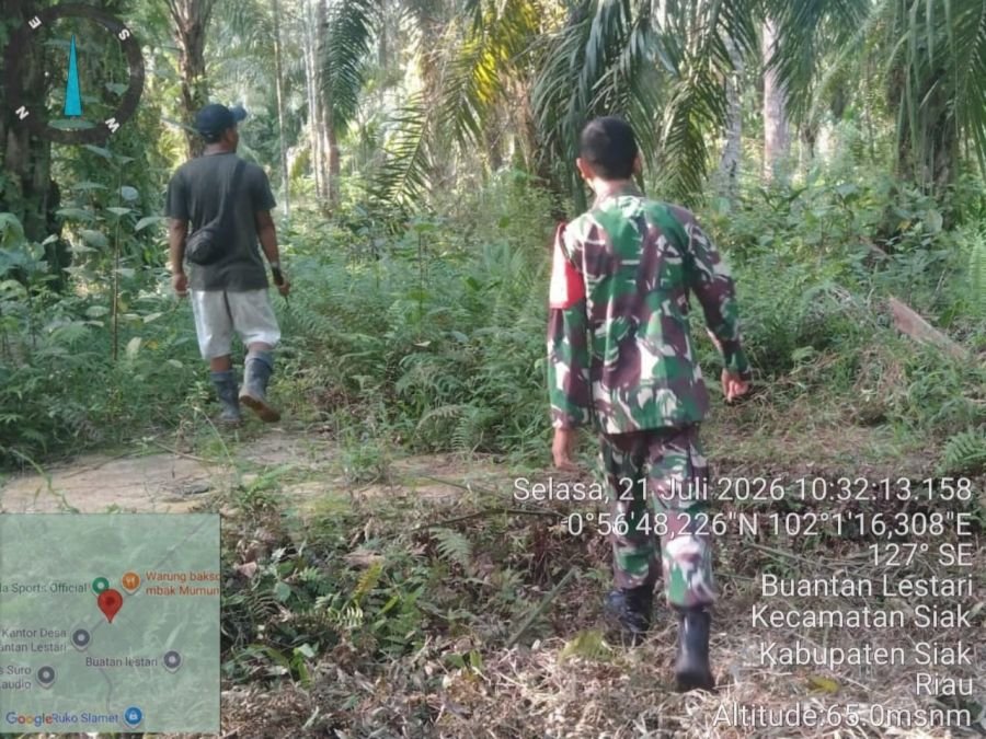 Intensifkan Pengawasan, Babinsa Koramil 06/PWK Sabak Auh Patroli Karhutla di Kampung Buantan Lestari
