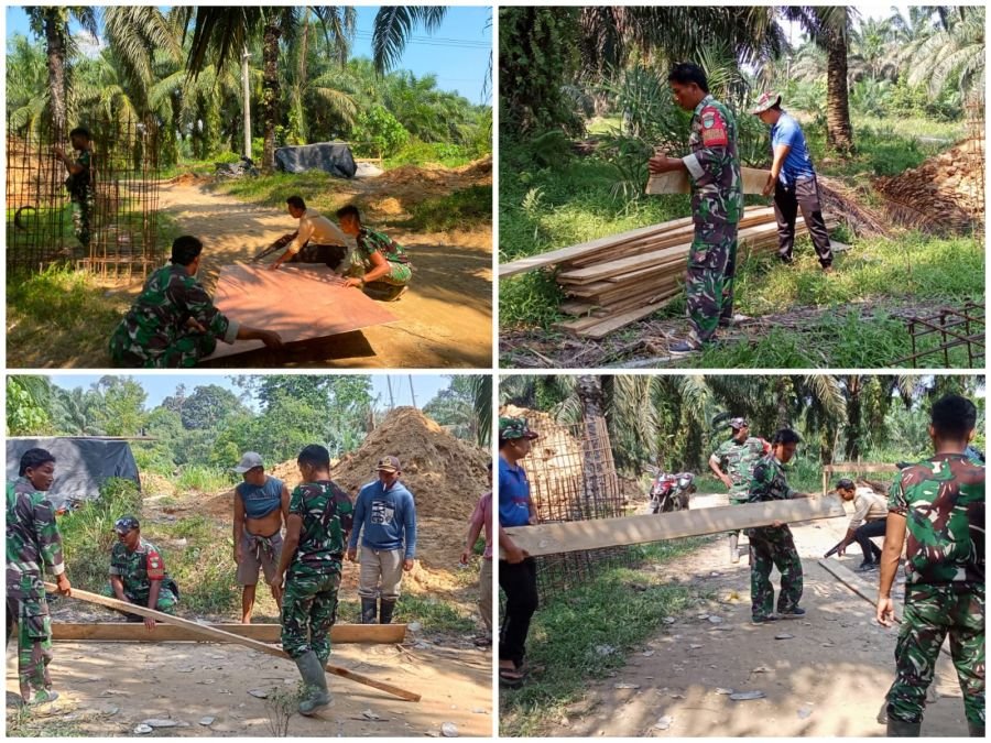Kebersamaan Babinsa 09/Kemuning dan Warga Keritang Hulu Lanjutkan Pembuatan Jembatan Gantung
