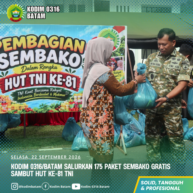 Kodim 0316/Batam Salurkan 175 Paket Sembako Gratis Sambut HUT ke-81 TNI