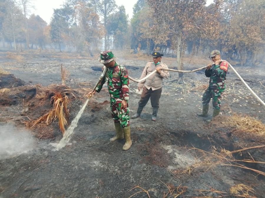 Padamkan Bara, Cegah Api Kembali Membesar, Koramil 02/Tebing Tinggi Lakukan Pendinginan Karhutla