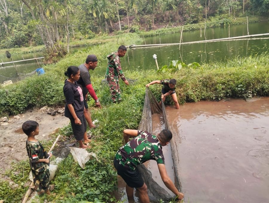 Personel Yonif TP 850/SC Panen Ikan Lele Bersama Warga Desa Binaan