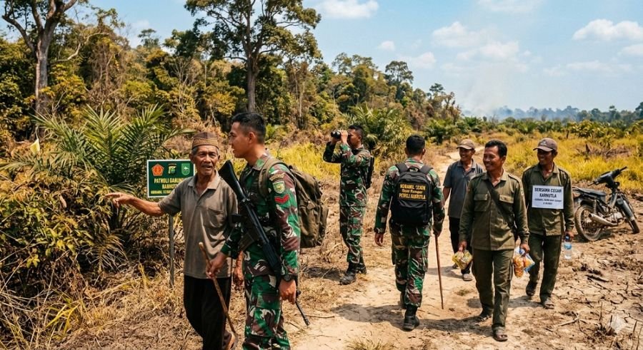 Personil Koramil 12/XIII Koto Kampar Laksanakan Patroli Karhutla Bersama Warga Cegah Kebakaran Hutan