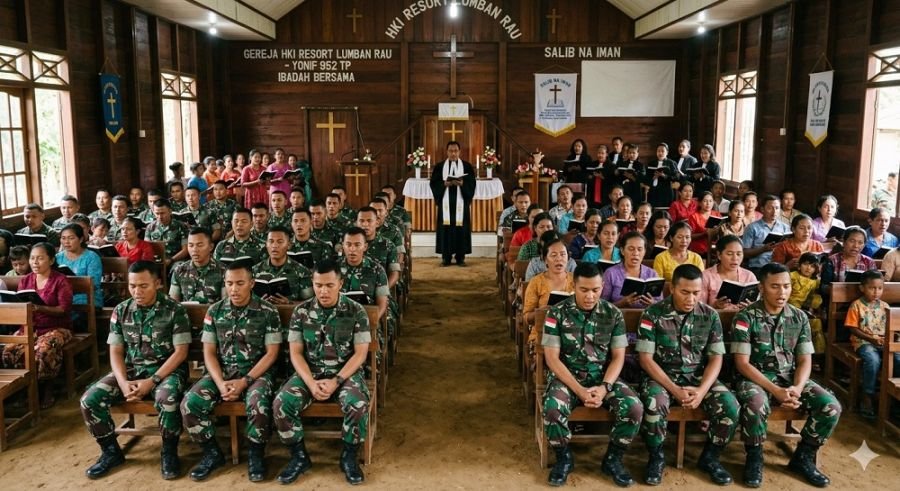 Personil Yonif TP 952 Laksanakan Ibadah Bersama Warga di Gereja HKI