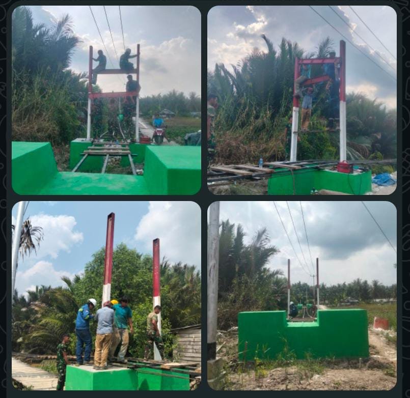 Pilon Jembatan Garuda Mulai Berdiri, Koramil 01/Tembilahan dan Warga Perkuat Sinergi