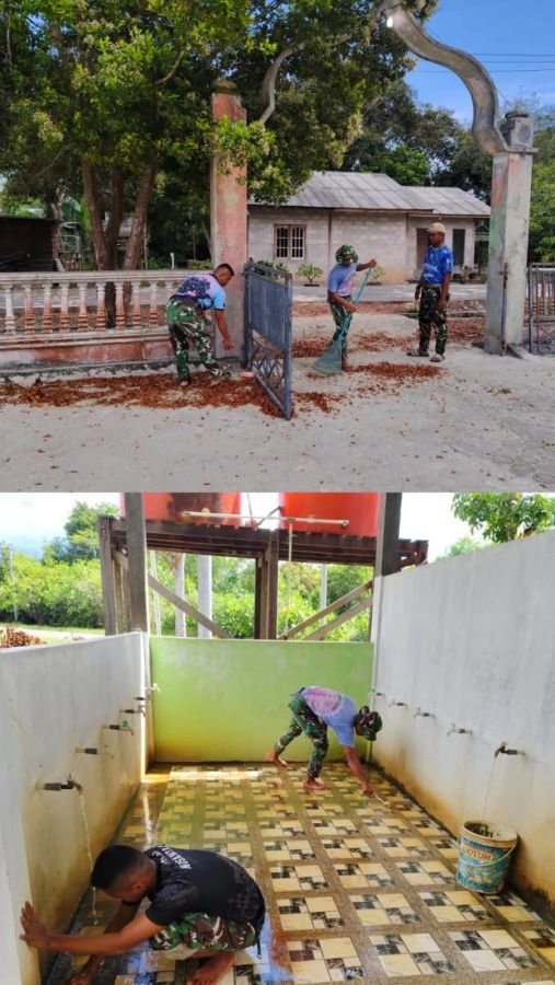 Prajurit Yonkomposit 1/GP Bersihkan Masjid Natuna Jelang Iduladha