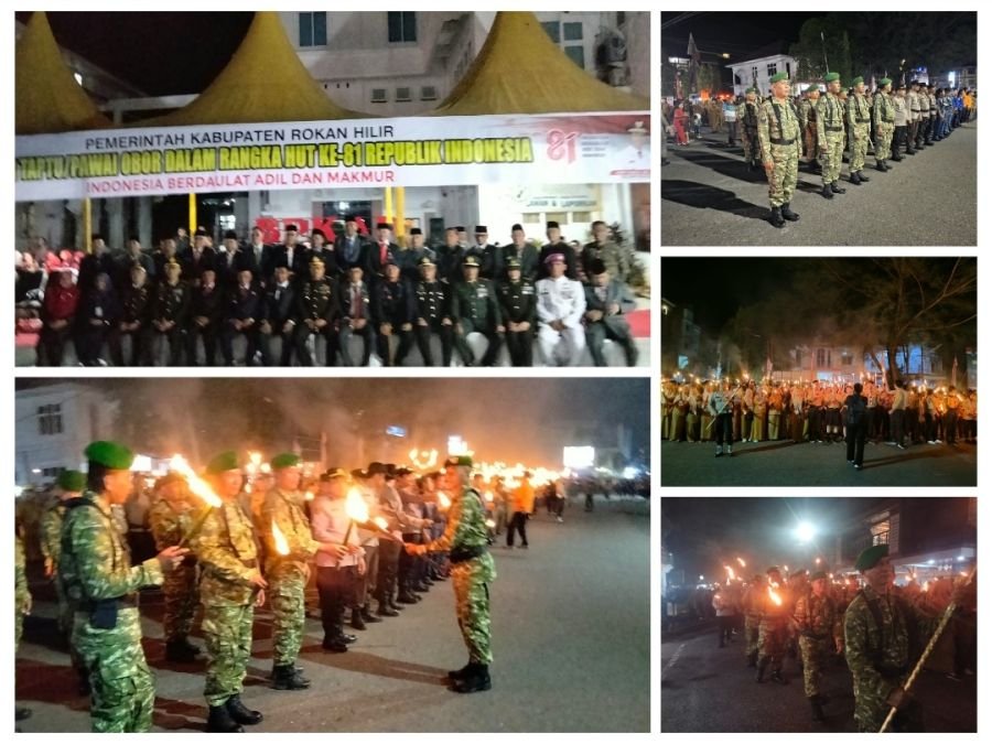 Sambut HUT RI ke-81, Koramil 01/Bangko Bersama Forkopimda Rohil Sukseskan Pawai Taptu dan Obor