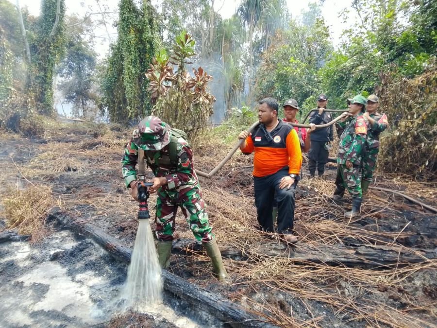 Selagi Asap dan Bara Masih Terlihat, Babinsa Terus Lakukan Pemadaman Karhutla di Gemala Sari