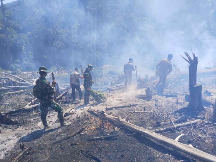 Sigap Cegah Api Kembali Menyala, TNI-Polri dan Warga Padamkan Karhutla di Desa Tibawan