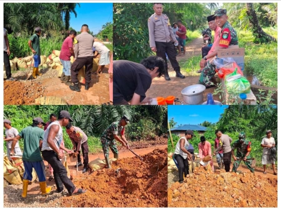 TNI-Polri dan Warga Kompak Gotong Royong Tambal Jalan Rusak di Bagan Punak Meranti